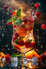 A glass of mixed fruit with a splash of water