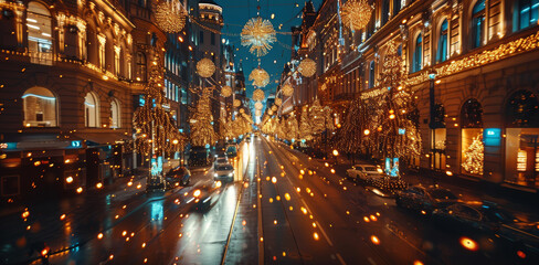 Fototapeta premium High angle view of edge cross streets at night in Christmas. fancy Christmas decorations on every stores. no people on streets. Generative AI.