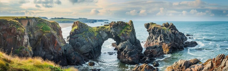 A realistic painting portraying a rocky coastline with a prominent hole in the center. The rugged terrain of the coastline contrasts with the smooth edges of the hole, creating a striking focal point  - Powered by Adobe