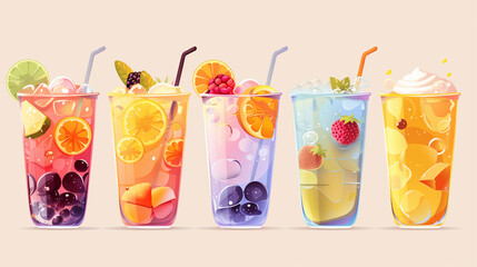  A cartoon-style glass of Low-ABV cocktail. Elements: Fresh ingredients (citrus slices, berries, mint)