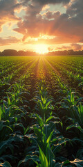 A field of corn is shown with the sun shining through the leaves