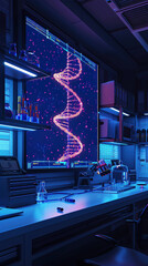A computer monitor displays a DNA strand with glowing colors