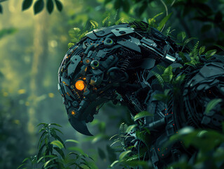 A robot with a face made of metal and green leaves