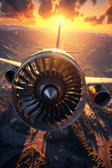 A large jet engine is seen in the air with the sun setting behind it