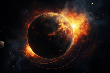 A planet with a fiery surface and a ring of debris surrounding it