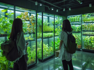 Two women are looking at plants in a greenhouse
