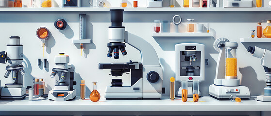 A white lab bench with many scientific instruments and tools on it