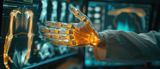 A robotic hand is shown on a monitor, with a doctor's hand in the foreground