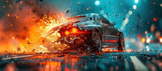 Dramatic High Speed Automotive Collision with Explosive Aftermath Showcasing Advanced Materials and