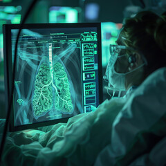 A man is looking at a computer screen with a green screen displaying a lung