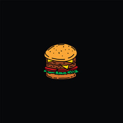 A hand-drawn burger with two cutlets. Vector illustration.