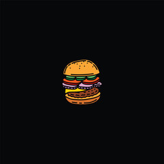 Burger with cucumbers, onions, tomatoes and cheese hand-drawn. Vector illustration.