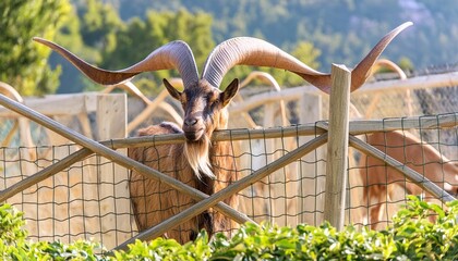 stately goat with large twisting horns behind fence