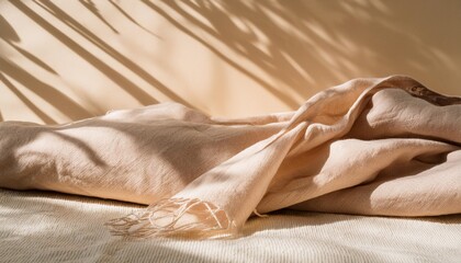 aesthetic minimalist neutral background with sunlight shadows on beige textile copy space