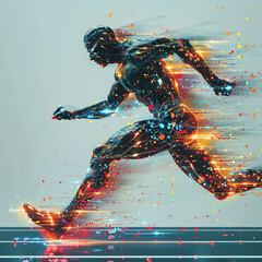 A man is running in a futuristic world with a lot of colors and lights