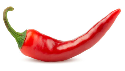 Vibrant red chili pepper with a sleek exterior and fresh green stem, set against a white backdrop