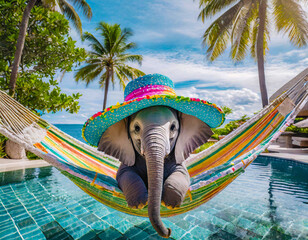 Adorable Baby Elephant in Colorful Straw Hat Relaxing on a Hammock by the Pool