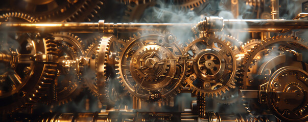 A close up of a clock with many gears and a steamy background