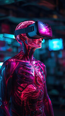 A man in a VR headset stands in front of a neon sign