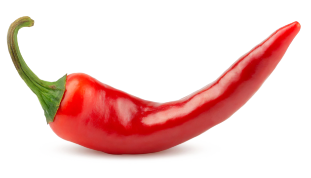 Vibrant red chili pepper with a sleek exterior and fresh green stem, set against a white backdrop
