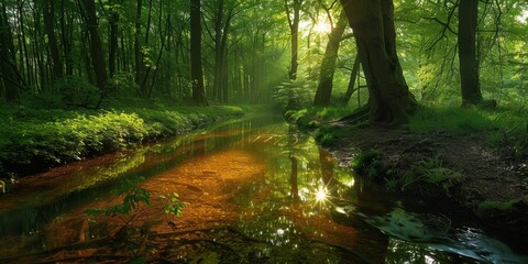 Fototapeta premium Shaded forest route close up, focus on the dappled sunlight, copy space, ensure lively colors, Double exposure silhouette with a stream