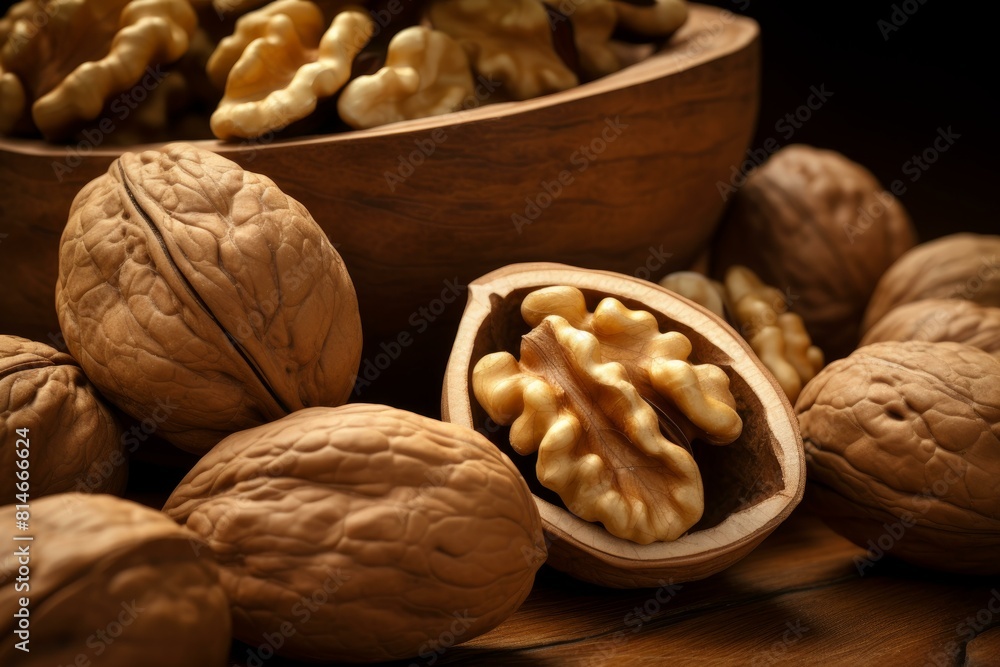 Poster a close-up view of whole walnuts and a half shell with kernels on a wooden surface