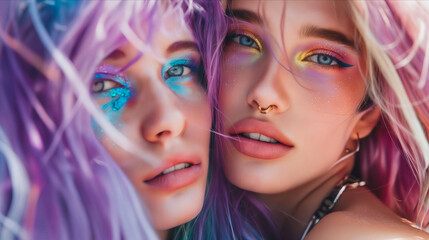 Obraz premium Two women with colorful hair and makeup.