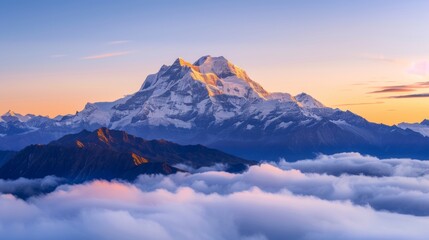Stunning sunrise over majestic mountain peak surrounded by soft clouds