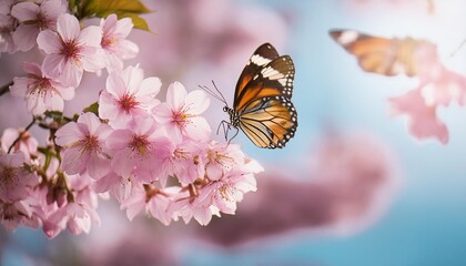 beautiful butterfly and cherry blossom branch in spring on blue sky background with copy space soft focus amazing elegant artistic image of spring nature frame of pink sakura flowers and butterfly