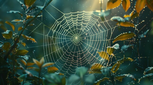Arthropod webs made from natural materials are intricately woven among the leaves in the forest. Spider web against sunrise, spider web trap, spider web in the forest with morning dew.