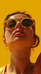 A woman wearing yellow sunglasses looking up at the sky.