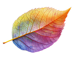 The photo shows a colorful leaf with rainbow veins and a stem on a transparent background.