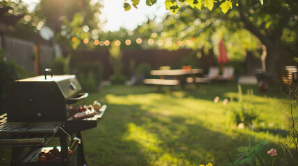 Summer backyard BBQ scene with blurred grill, copy space background