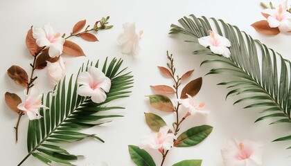 palm leaves and flowers pattern in modern style tropical print on white background botanical design and green colors generative ai