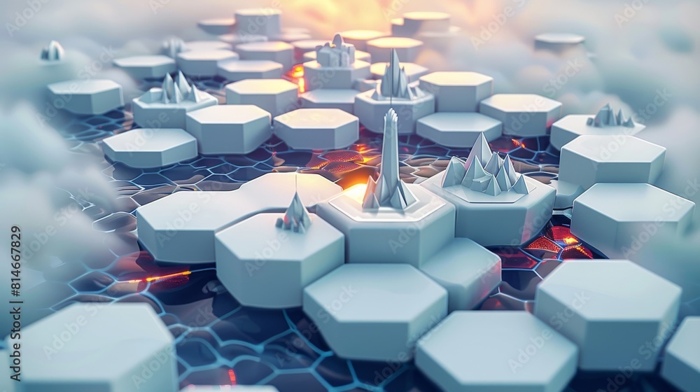 Poster a 7 different hexagonal tiles an isometric perspective which illustrate 7 different worlds. the worl