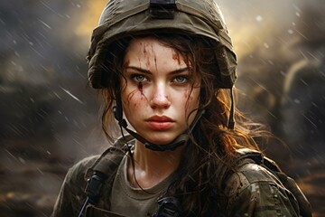 Obraz premium Close-up of a gritty female soldier's face with rain and mud
