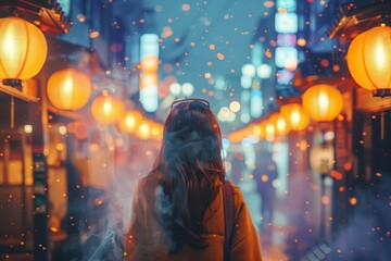 A woman walks through an enchanting street lined with glowing traditional lanterns, creating an air of mystery and culture