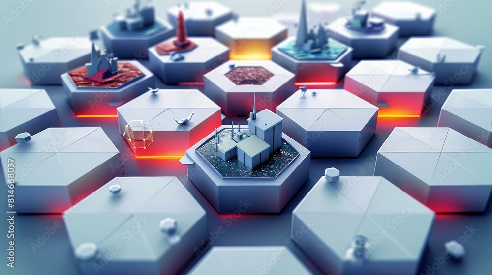 Poster a 7 different hexagonal tiles an isometric perspective which illustrate 7 different worlds. the worl