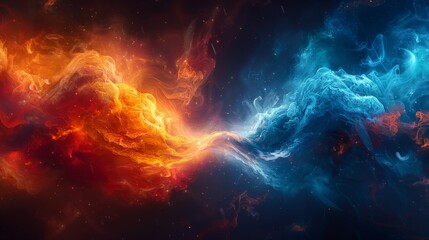 A vibrant digital artwork depicting a dynamic interaction between fiery red and icy blue abstract forms