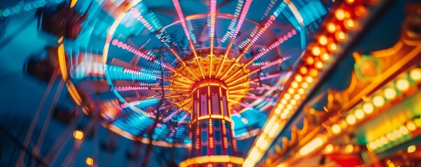 Neonlit tower at night close up, focus on the colors, copy space, ensure bright colors, Double exposure silhouette with a city festival