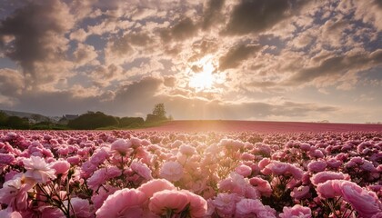 a field full of pink flowers with the sun shining through the clouds in the middle of the picture and the sun shining through the clouds in the middle of the middle of the picture