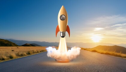 a light bulb takes off like a rocket with copy space
