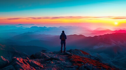Fototapeta premium Mountain range at sunrise close up, focus on the first light, copy space, ensure vibrant colors, Double exposure silhouette with a hiker