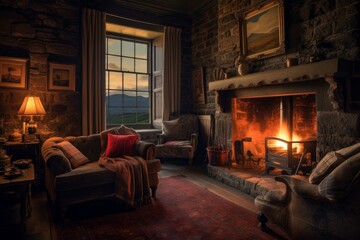 Naklejka premium Inviting rustic interior with warm fireplace, plush sofas, and a scenic window view at dusk