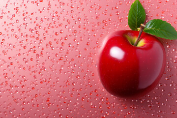 Vibrant red apple with fresh green leaf against pink background