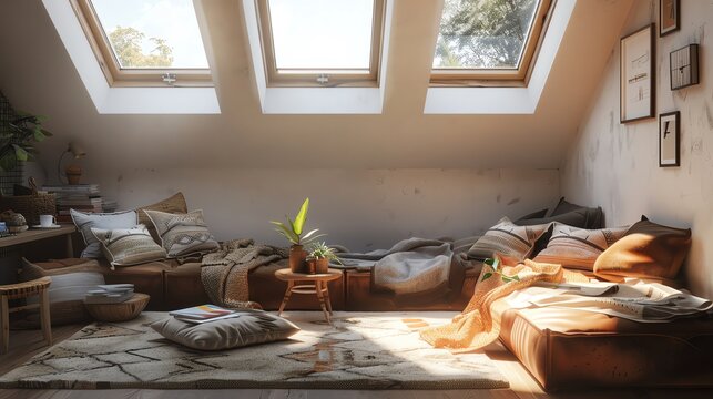 A cozy attic room with skylights and pillows on the floor