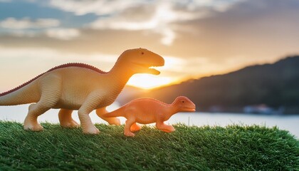 dinosaurs in nature with sunset background