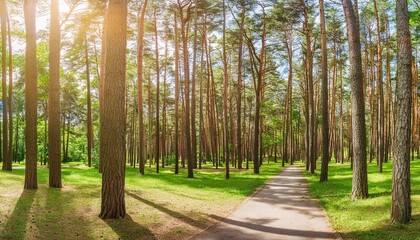 pine forest panorama in summer pathway in the park
