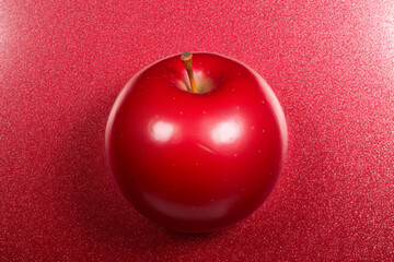 Vibrant red apple sits against matching glittery red background, The apple glossy surface reflects light