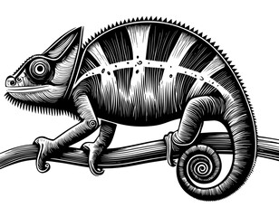 Camélélon, icone, dessin vectoriel, noir et blanc, gravure ancienne, fond blanc © stéphane huvé